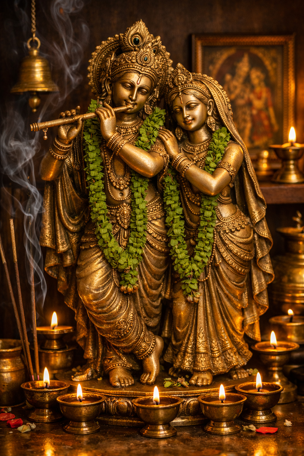 Radha Krishna bronze statue with ornate crowns in home worship setting with diyas and incense